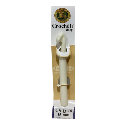 Everything Fabric Lion Brand 15mm size Q19 crochet hook made of lightweight white flexible plastic in packaging