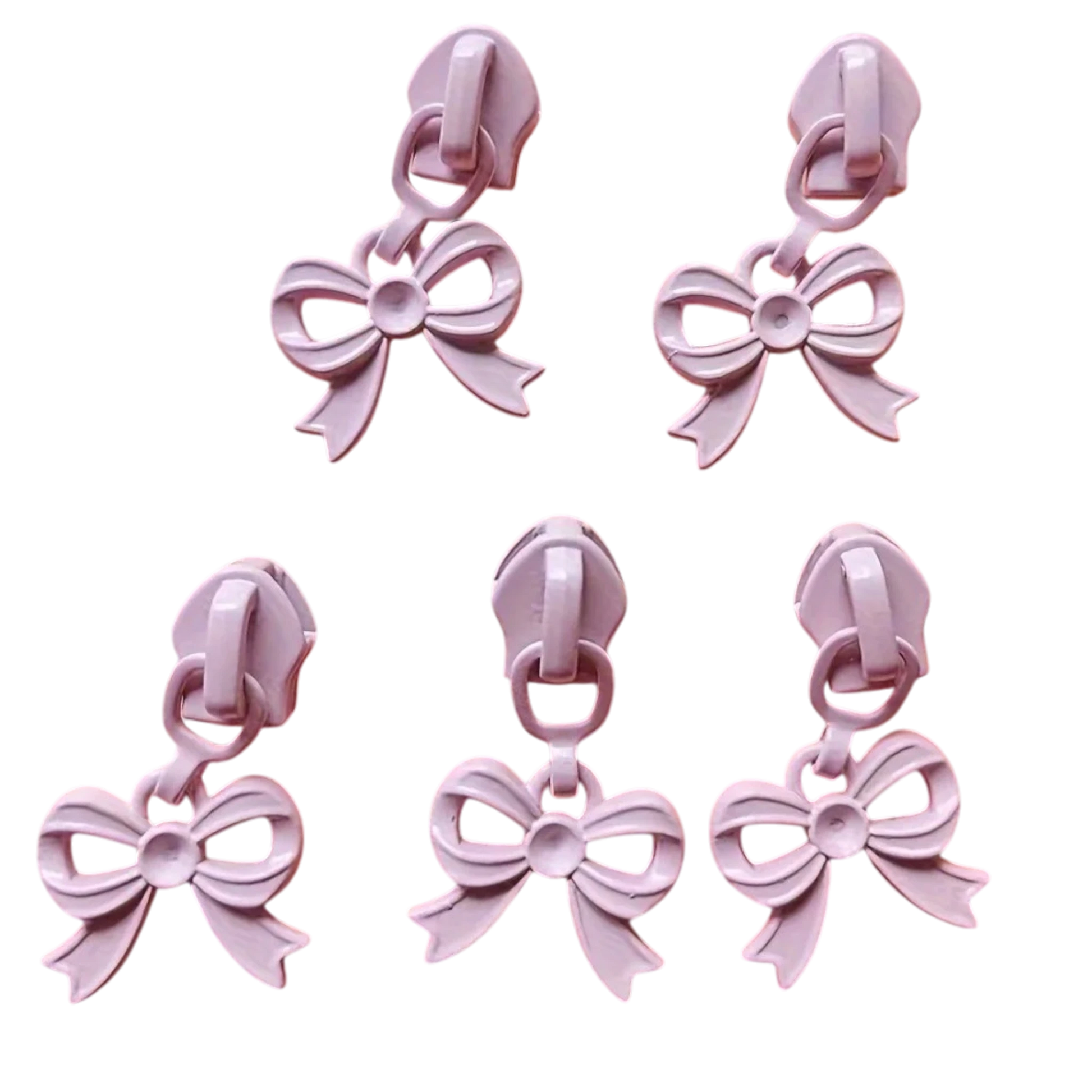 Everything Fabric pastel pink bow zipper pulls for #3 nylon zippers, perfect for bags and sewing projects.