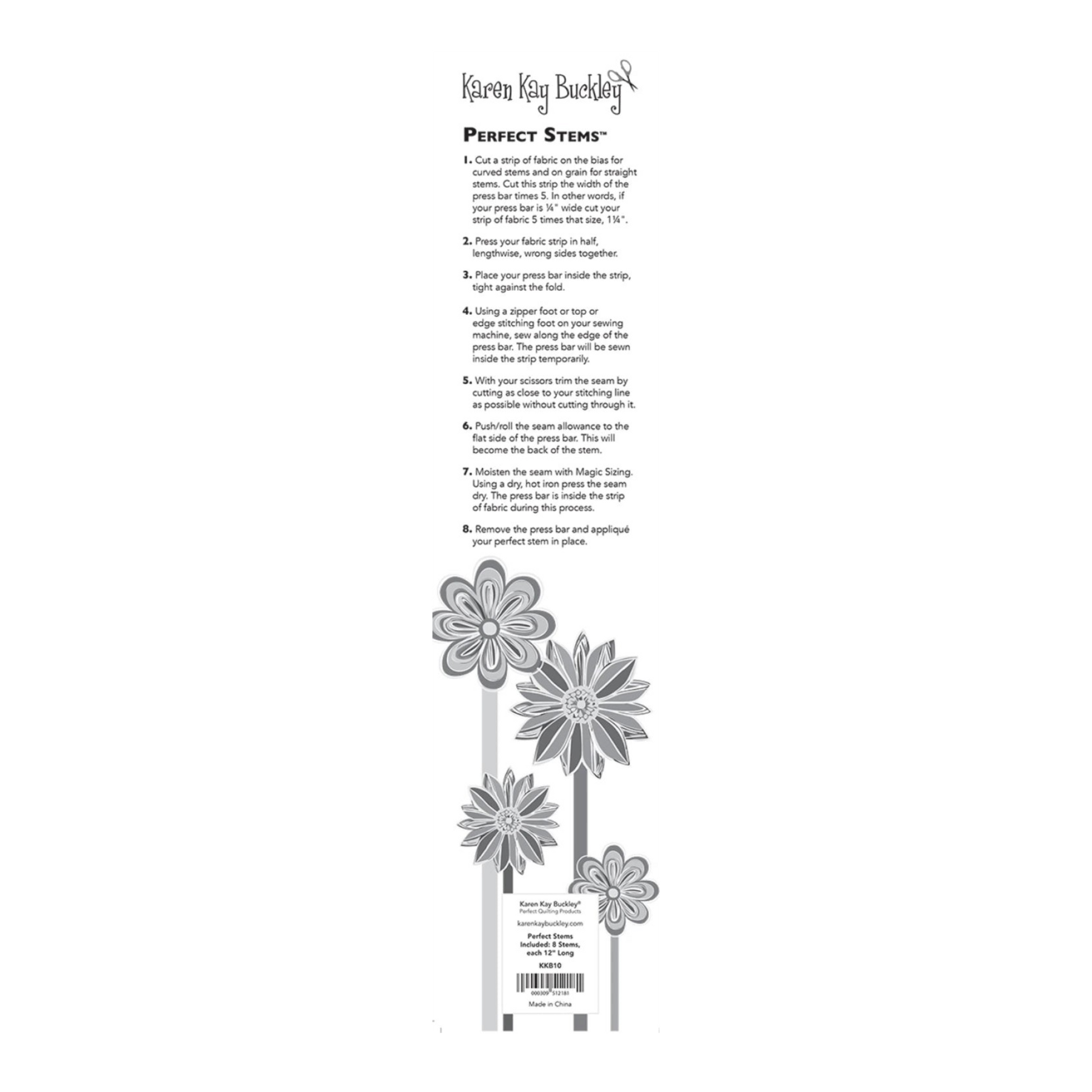 Everything Fabric Perfect Stems by Karen Kay Buckley packaging showing instructions and floral appliqué designs
