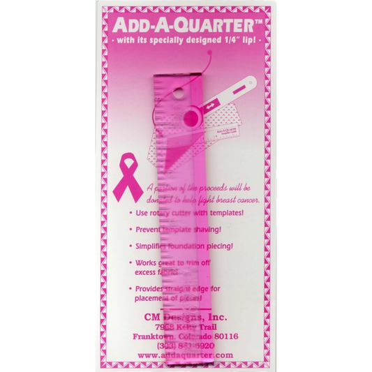 Everything Fabric 6-inch pink Add-A-Quarter quilting ruler with built-in lip for precise seam allowance and trimming