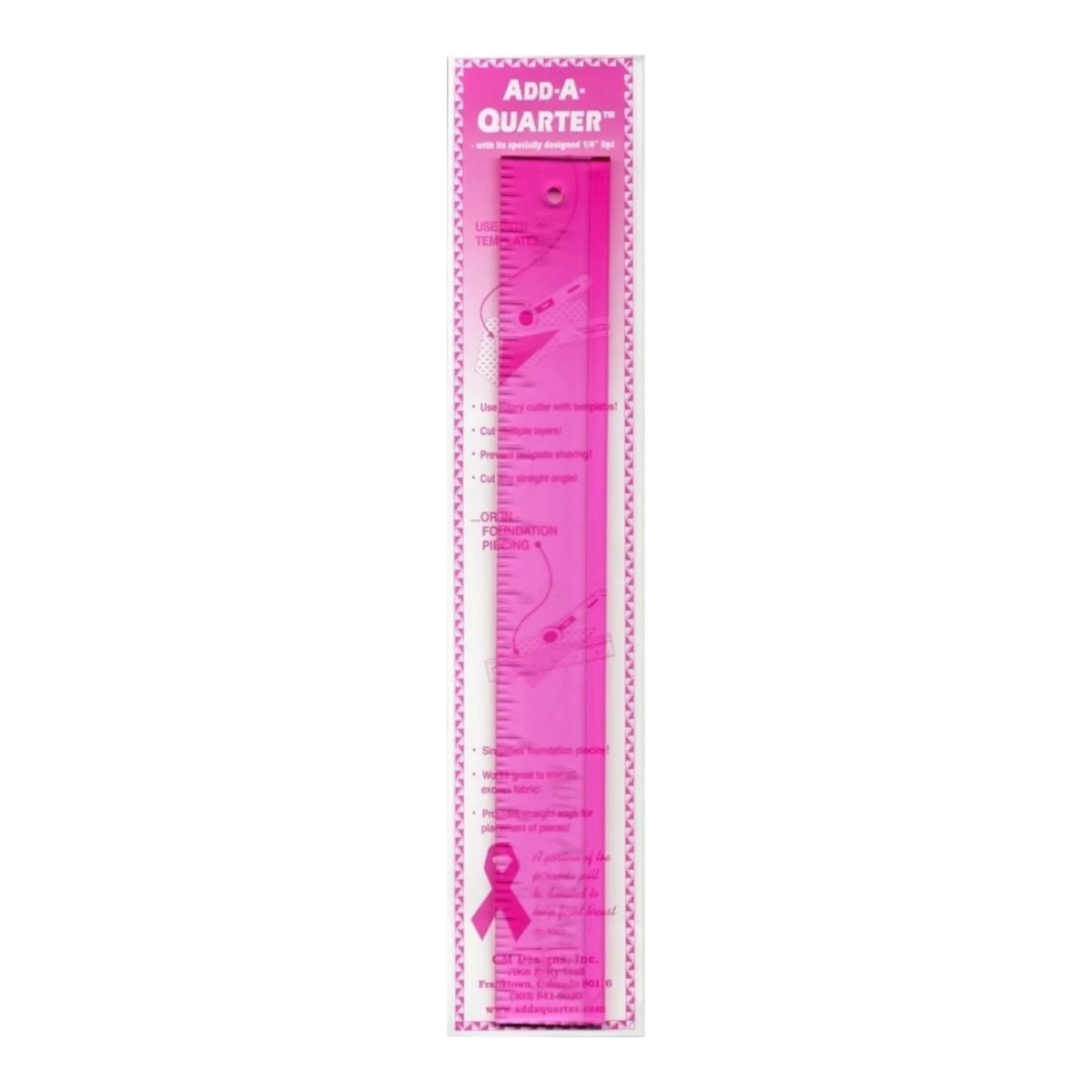 Everything Fabric Add A-Quarter pink acrylic quilting ruler for precise 1/4 inch seam allowance and paper piecing