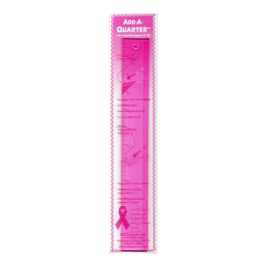 Everything Fabric Add A-Quarter pink acrylic quilting ruler for precise 1/4 inch seam allowance and paper piecing