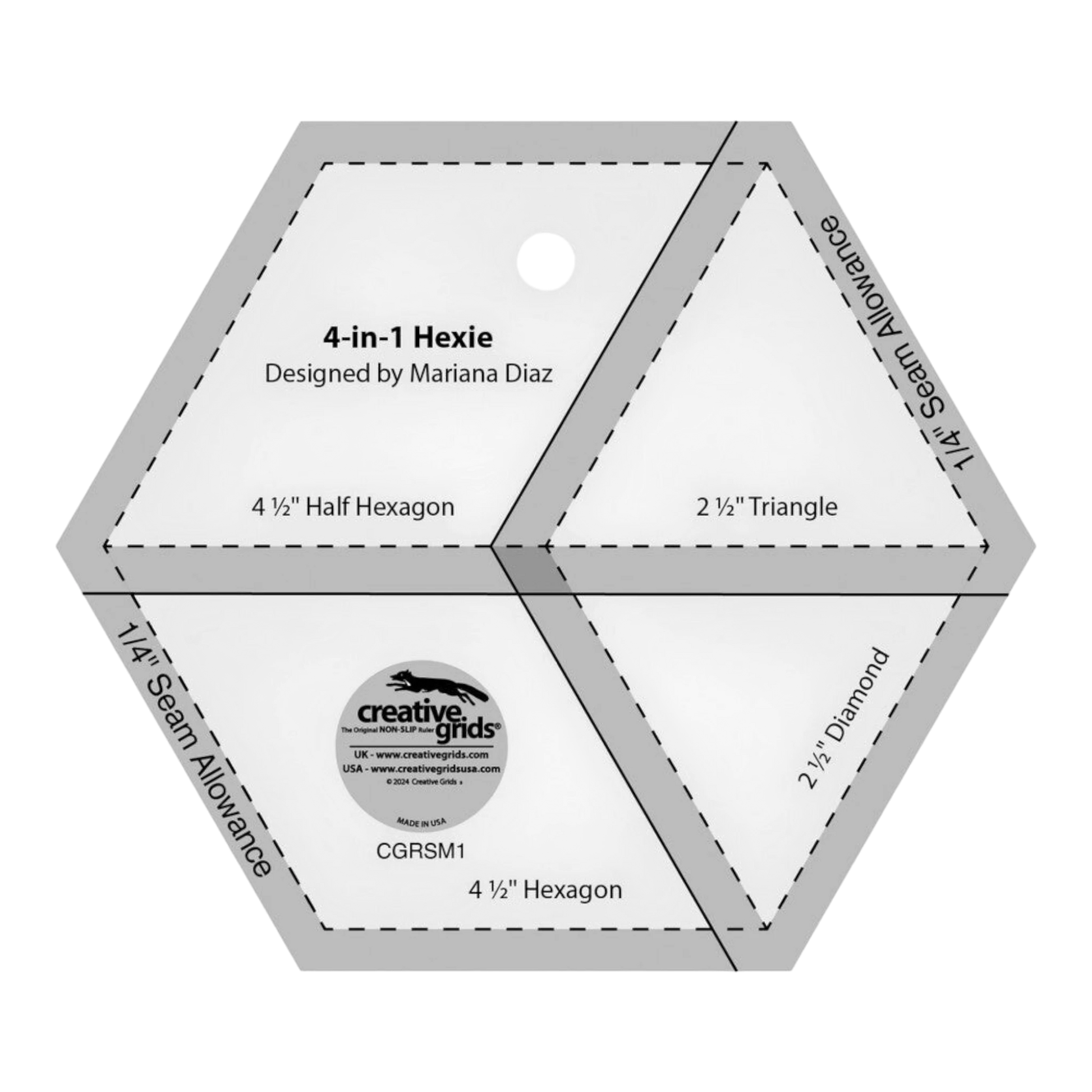Creative Grids 4-in-1 Hexie Quilt Ruler - CGRSM1 for precise cutting, marking and patchwork