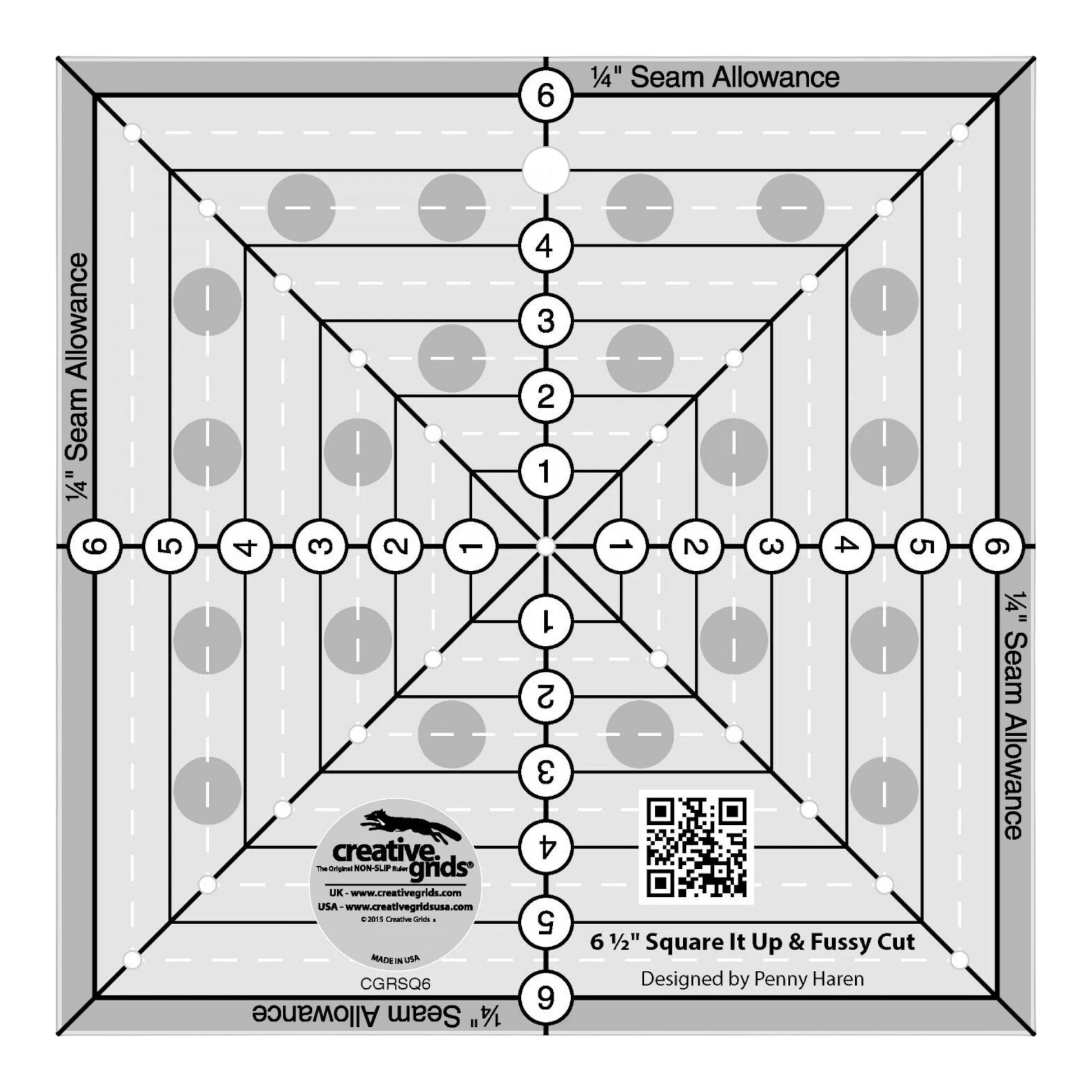 6-1/2in Square It Up or Fussy Cut Square Quilt Ruler for precise cutting, marking and patchwork