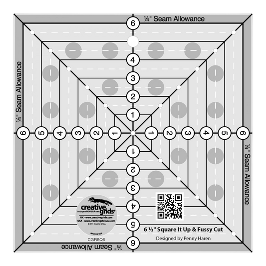 6-1/2in Square It Up or Fussy Cut Square Quilt Ruler for precise cutting, marking and patchwork