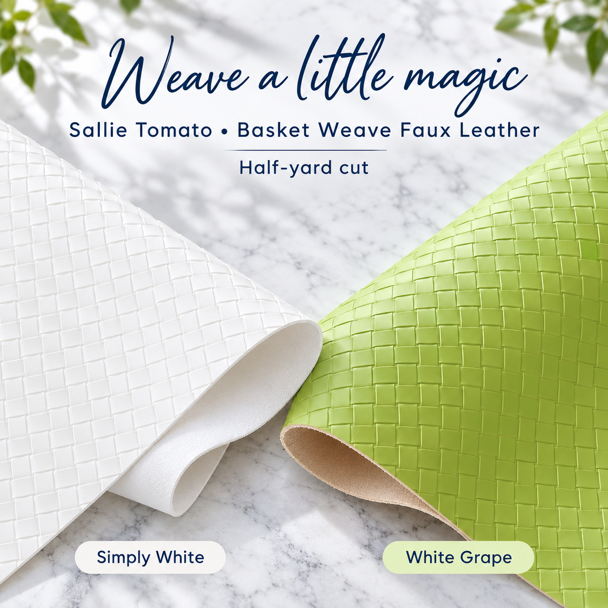 Sallie Tomato Basket Weave faux leather, half-yard cut — Simply White, White Grape