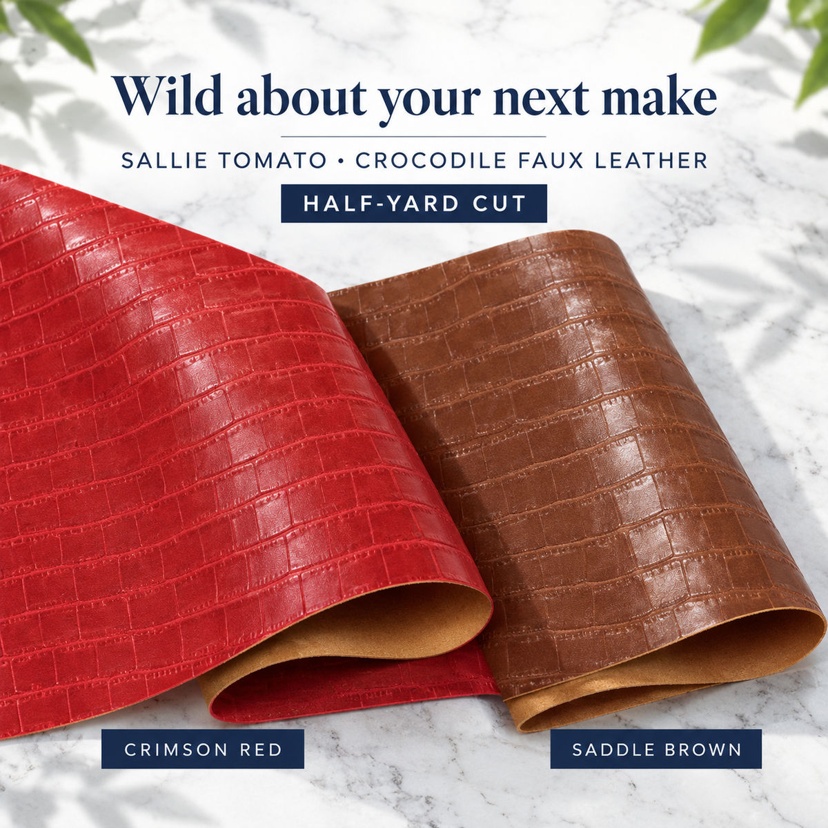 Sallie Tomato Crocodile faux leather, half-yard cut — Crimson Red, Saddle Brown