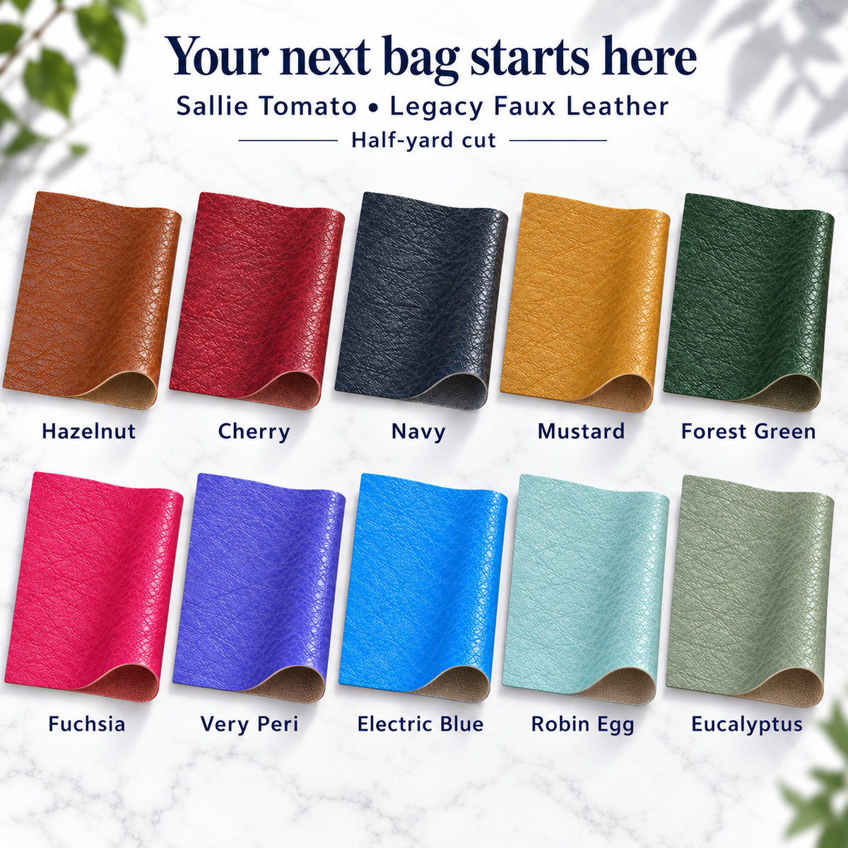Sallie Tomato Legacy faux leather, half-yard cut — Hazelnut, Cherry, Navy, Mustard, Forest Green, Fuchsia, Very Peri, Electric Blue, Robin Egg, Eucalyptus