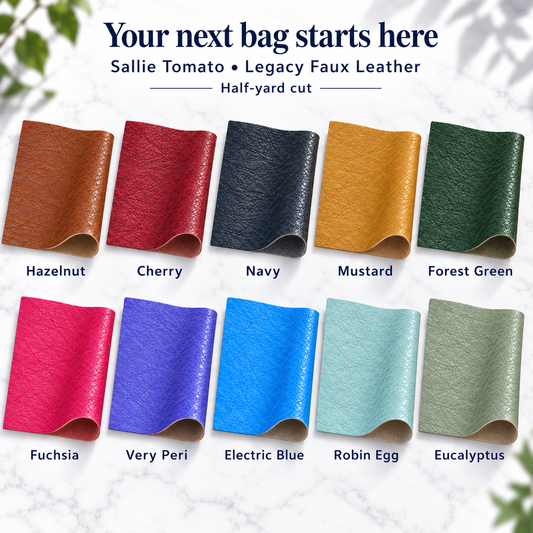 Sallie Tomato Legacy faux leather, half-yard cut — Hazelnut, Cherry, Navy, Mustard, Forest Green, Fuchsia, Very Peri, Electric Blue, Robin Egg, Eucalyptus