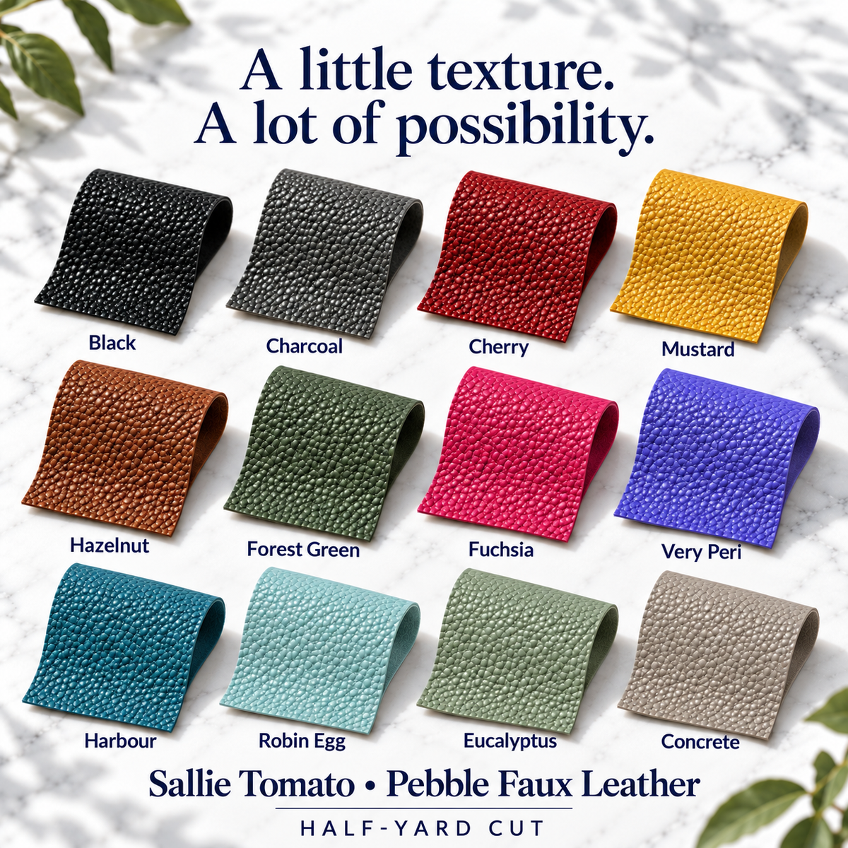 Sallie Tomato Pebble faux leather, half-yard cut — Black, Charcoal, Cherry, Mustard, Hazelnut, Forest Green, Fuchsia, Very Peri, Harbour, Robin Egg, Eucalyptus, Concrete