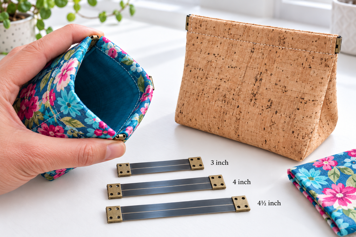 Flex hinges for coin purses in 3 inch, 4 inch and 4-1/2 inch sizes, shown beside a colourful cotton purse being squeezed open and a closed cork pouch.