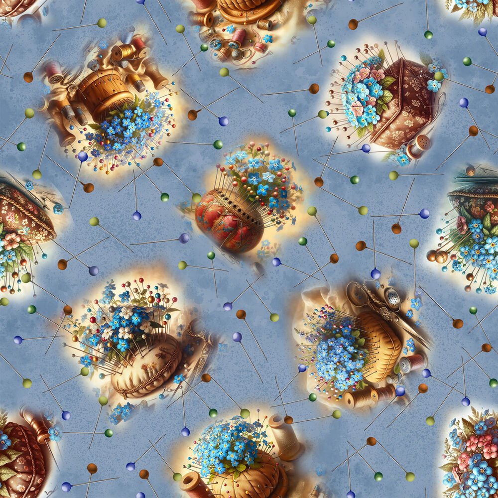 Forget Me Not - Slate Pin Cushions 9in repeat - Everything Fabric