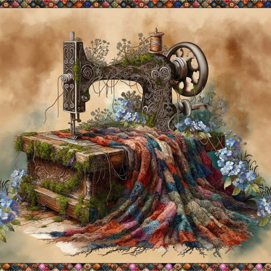Forget Me Not -Tan Sewing Machine Panel 36 wIde - Everything Fabric