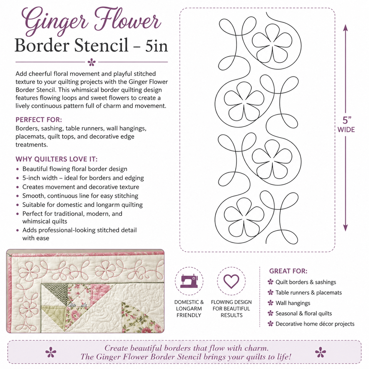Ginger Flower Border Stencil - 5 in - Everything Fabric