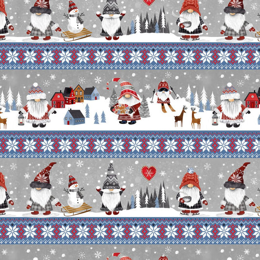 Grey Nordic Gnomes Border Stripes Christmas - Everything Fabric