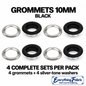 Black 10mm coloured grommets: four complete sets with silver-tone barrels and washers
