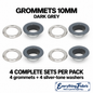 Dark Grey 10mm coloured grommets: four complete sets with silver-tone barrels and washers