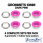 Dark Pink matte 10mm coloured grommets: four complete sets with silver-tone barrels and washers