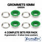 Green 10mm coloured grommets: four complete sets with silver-tone barrels and washers