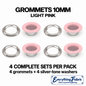 Light Pink matte 10mm coloured grommets: four complete sets with silver-tone barrels and washers