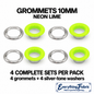 Neon Lime 10mm coloured grommets: four complete sets with silver-tone barrels and washers