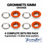Orange 10mm coloured grommets: four complete sets with silver-tone barrels and washers