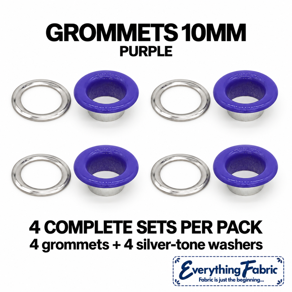 Purple 10mm coloured grommets: four complete sets with silver-tone barrels and washers