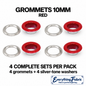 Red 10mm coloured grommets: four complete sets with silver-tone barrels and washers
