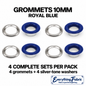 Royal Blue 10mm coloured grommets: four complete sets with silver-tone barrels and washers