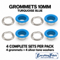 Turquoise Blue 10mm coloured grommets: four complete sets with silver-tone barrels and washers