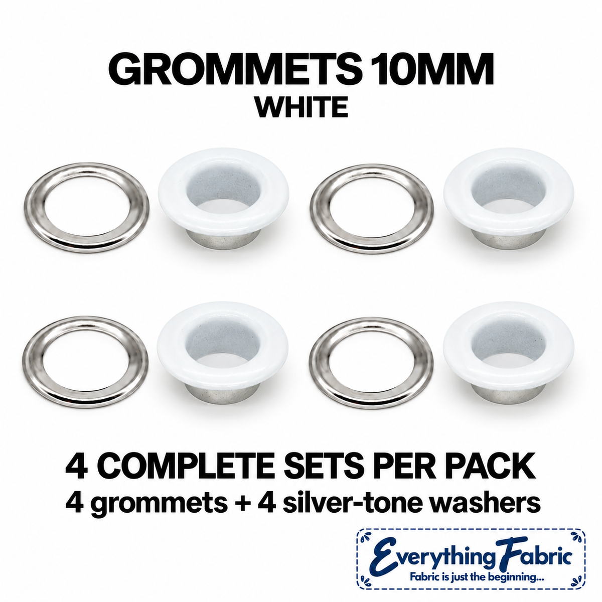 White 10mm coloured grommets: four complete sets with silver-tone barrels and washers
