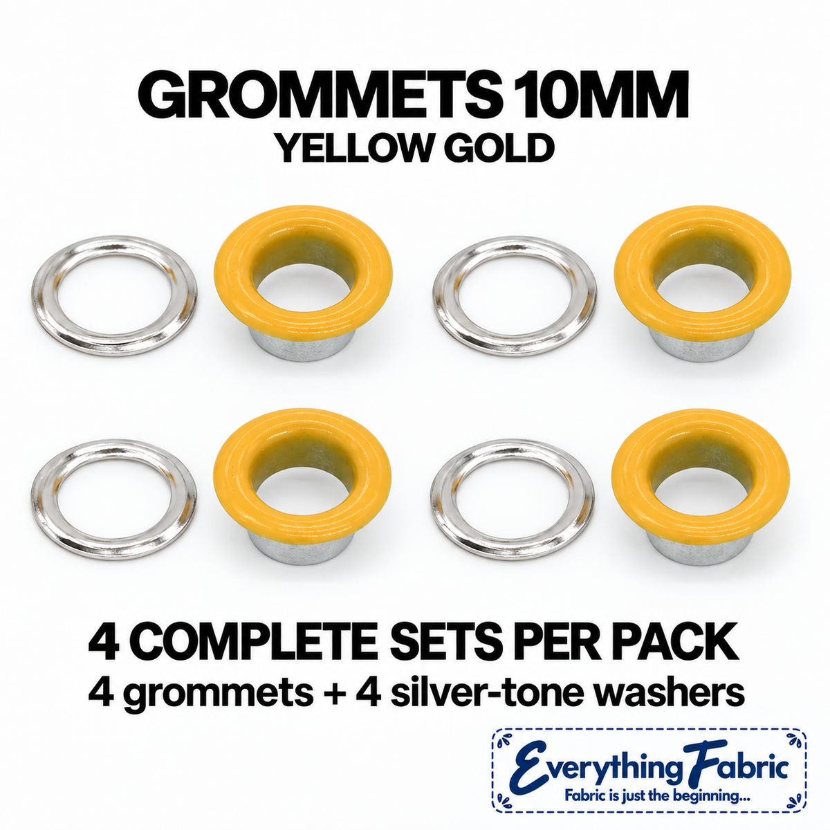 Yellow Gold 10mm coloured grommets: four complete sets with silver-tone barrels and washers