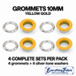 Yellow Gold 10mm coloured grommets: four complete sets with silver-tone barrels and washers