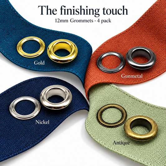 12mm grommets in Gold, Gunmetal, Nickel and Antique, each finish sold in packs of four complete sets