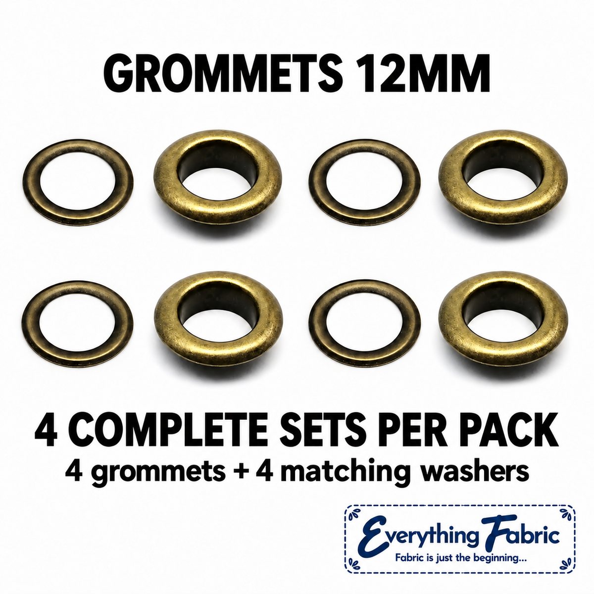 Antique 12mm grommets, four complete sets per pack: four grommets and four matching washers