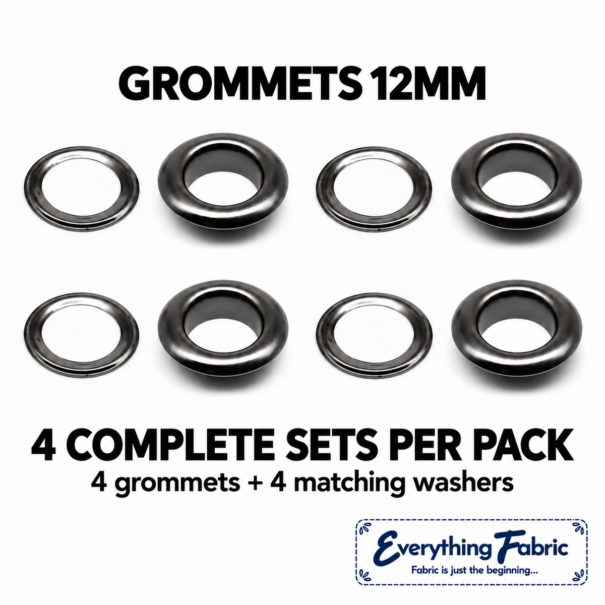 gunmetal 12mm grommets, four complete sets per pack: four grommets and four matching washers