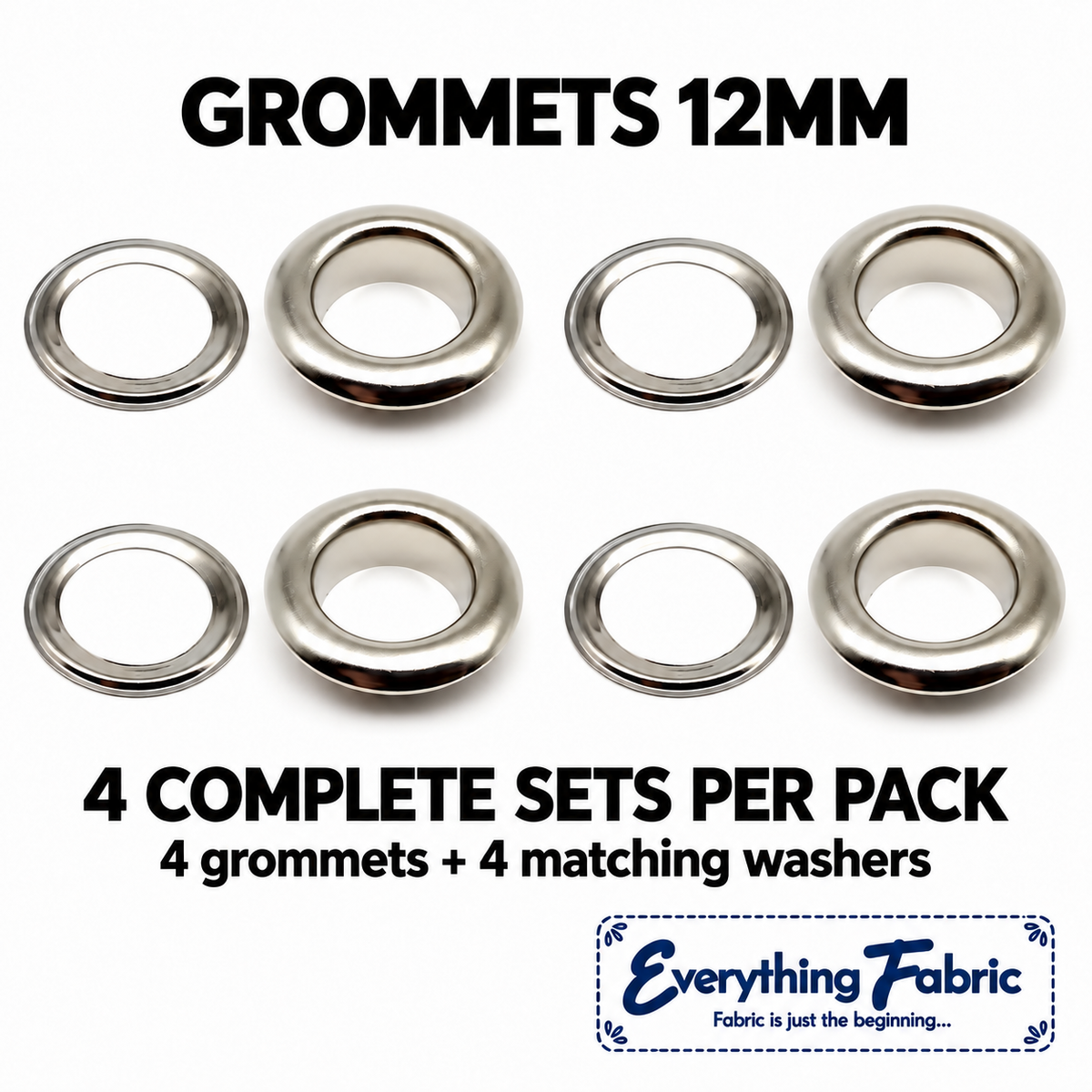 Nickel 12mm grommets, four complete sets per pack: four grommets and four matching washers