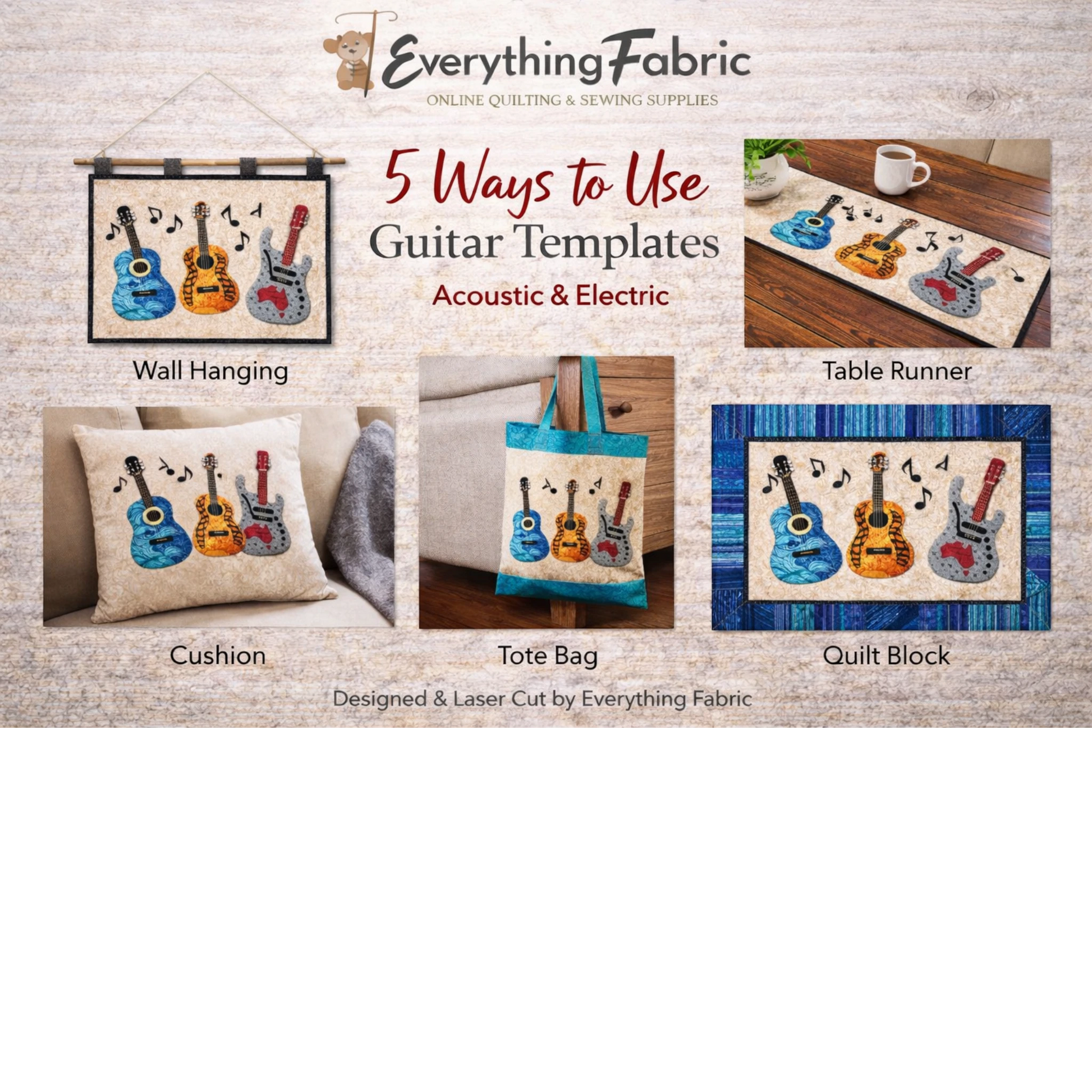 Guitar Appliqué Acrylic Template Set for precise cutting, marking and patchwork