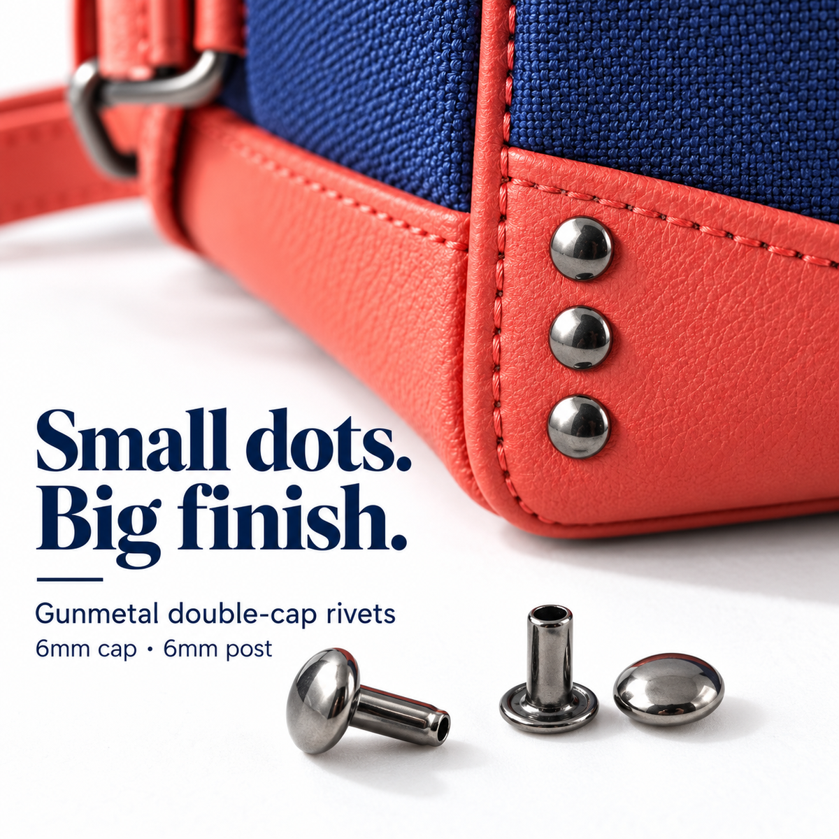 Gunmetal double-cap rivets with 6mm cap and 6mm post, shown on a coral and navy bag.