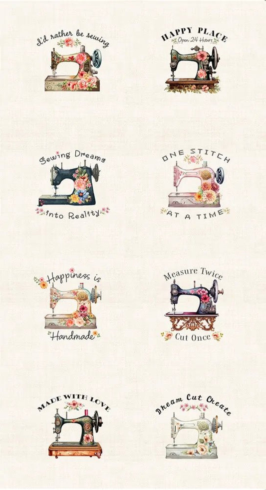 Happy Place - Cream Floral Sewing Machines Panel 610 mm - Everything Fabric