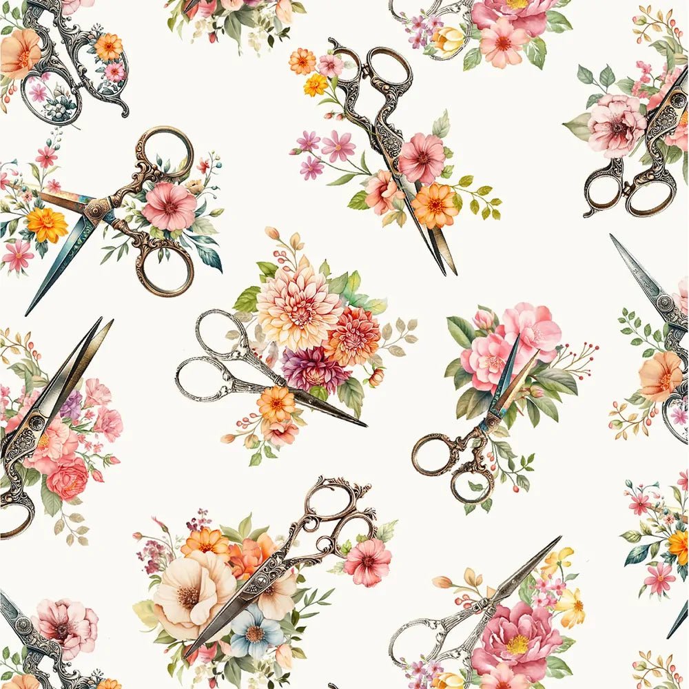 Happy Place - Cream Tossed Floral Scissors - Everything Fabric