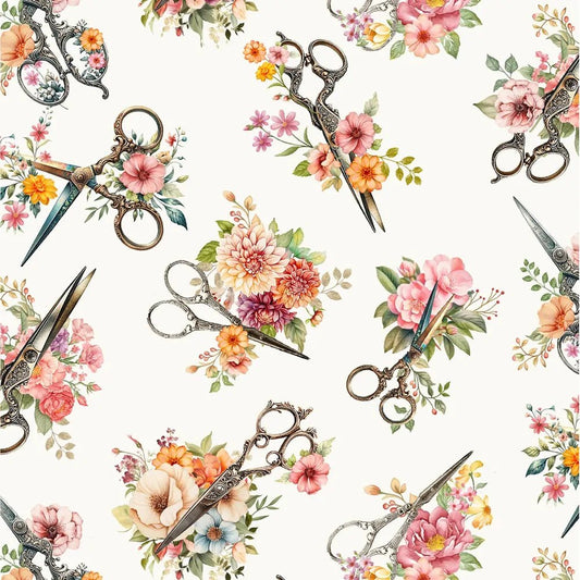 Happy Place - Cream Tossed Floral Scissors - Everything Fabric