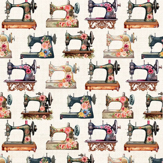 Happy Place - Ecru Floral Sewing Machines - Everything Fabric