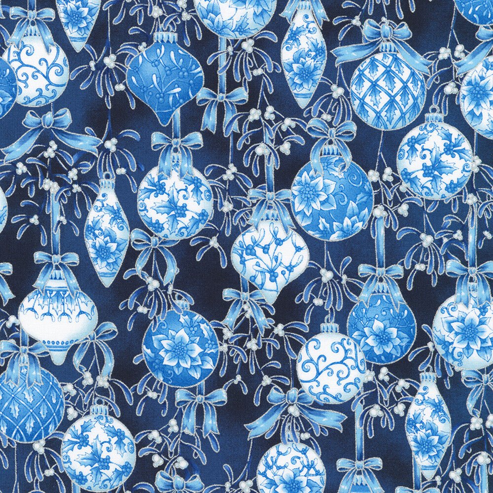 Holiday Flourish Festive Finery - Ornaments Navy w/Metallic - Everything Fabric