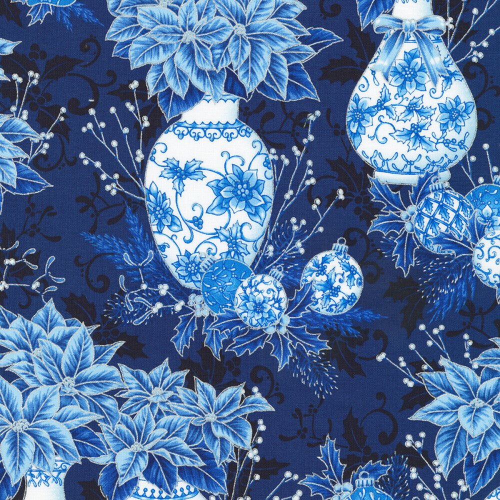 Holiday Flourish Festive Finery - Vases Navy w/Metallic - Everything Fabric