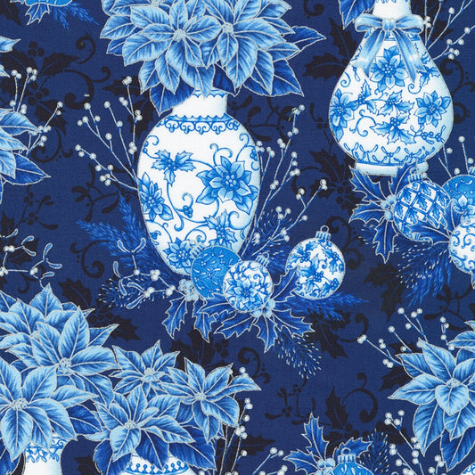 Holiday Flourish Festive Finery - Vases Navy w/Metallic - Everything Fabric