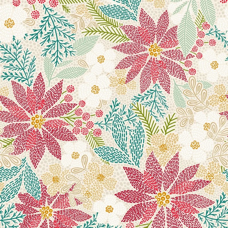 Holiday Stitches - Cream Stitched Christmas Floral - Everything Fabric