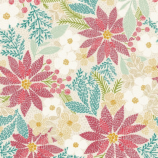 Holiday Stitches - Cream Stitched Christmas Floral - Everything Fabric