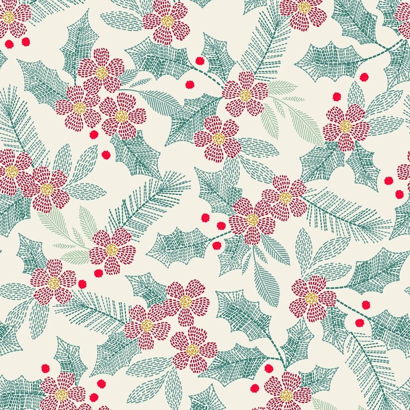 Holiday Stitches - Cream Stitched Holly - Everything Fabric