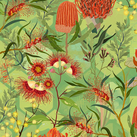 Honeycomb Harmony - Australian Wildflower GREEN - Everything Fabric